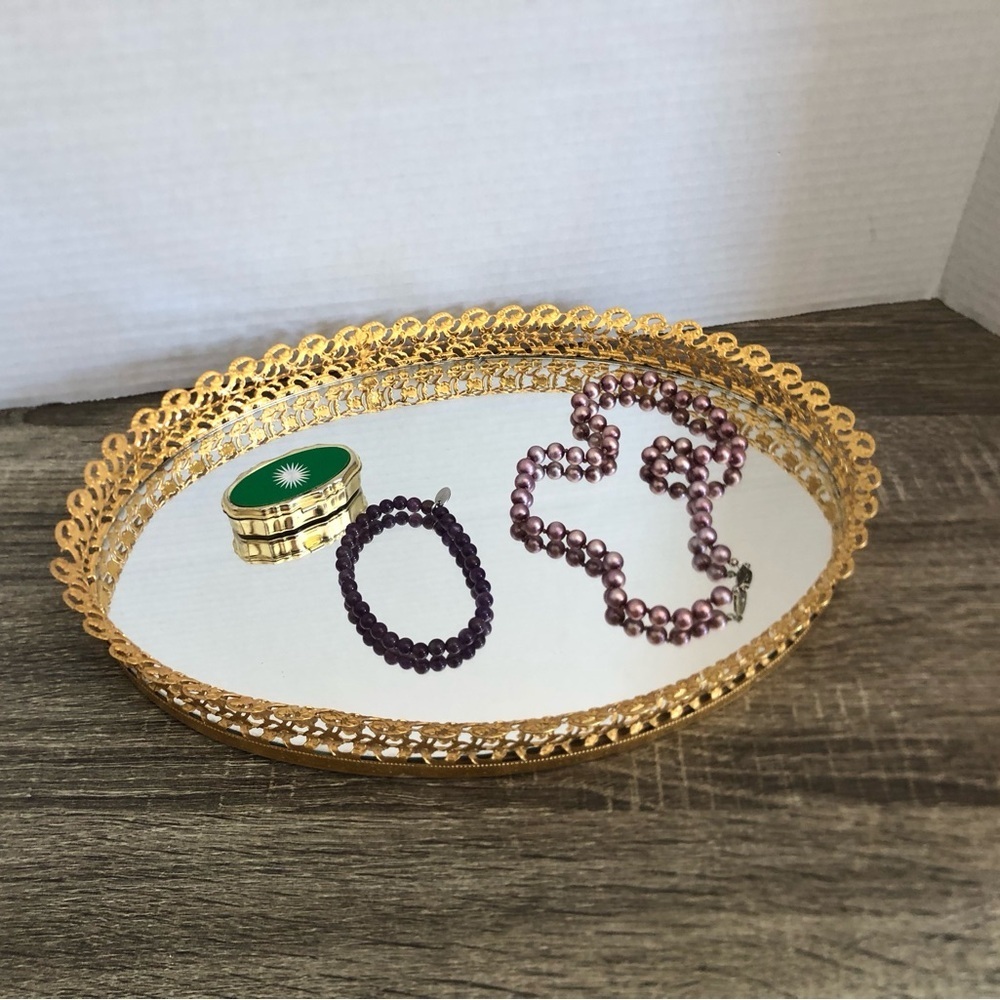 Vtg Ornate Gold Mirrored Vanity Tray
